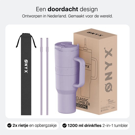 ONYX Trinkflasche mit Strohhalm 1,2 Liter - Trinkflasche für Kinder & Erwachsene - Thermosbecher Edelstahl Reisebecher - Motivationstrinker - Trinkbecher für die Schule - Pastell Lila