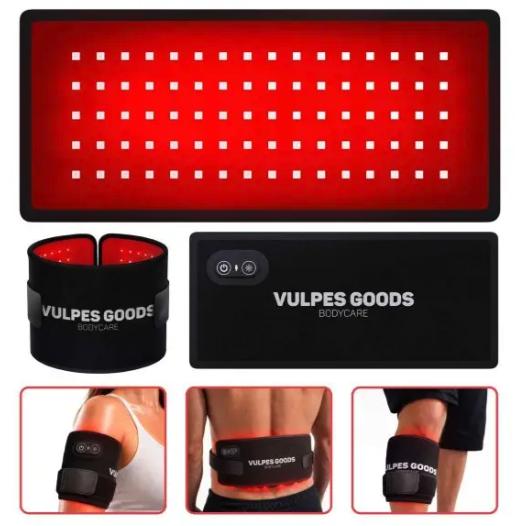 Vulpes Goods® - Tragbares Infrarotband Pro V2 - 35 x 15 cm - mit 80 LEDs und 3 Dimmstufen und wiederaufladbarem 2000mAh-Akku und Timer - für Rücken und Schultern und Arme - schwarzer Kunststoff und Textil