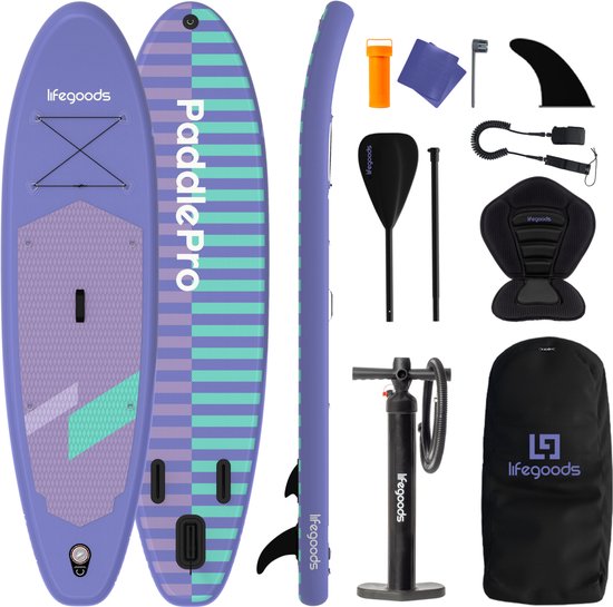 LifeGoods SUP Board All-round Compact - mit Sitz - 100 KG Tragfähigkeit - 300 x 76 cm - Aufblasbar - Komplettes SUP Paket - Lila