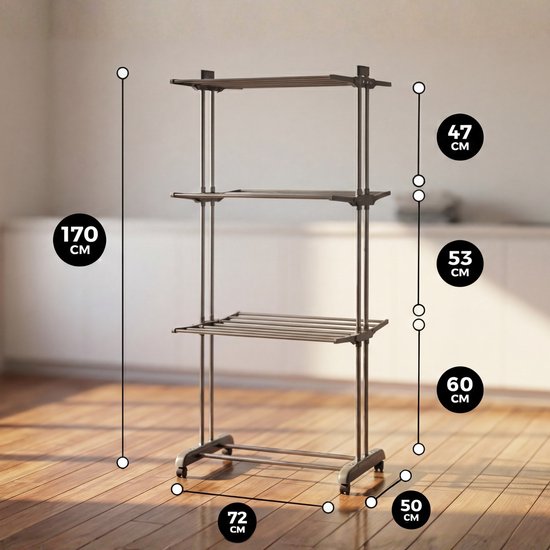 Vonia Trockenturm - Wäscheständer - Wäscheständer - 3 Lagen - faltbar - 72x50x172 cm - Dunkelgrau