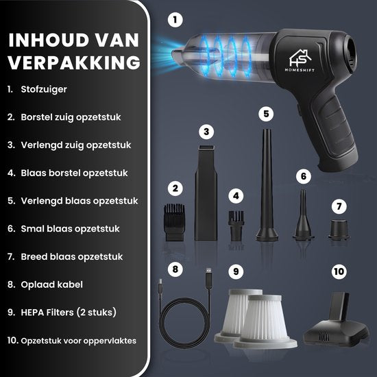 HomeShift® Autostaubsauger Cordless V2 - Krümelsauger - Handstaubsauger - Kleinstaubsauger - Schnurloser Staubsauger - Air Duster - Nass & Trocken - Schwarz