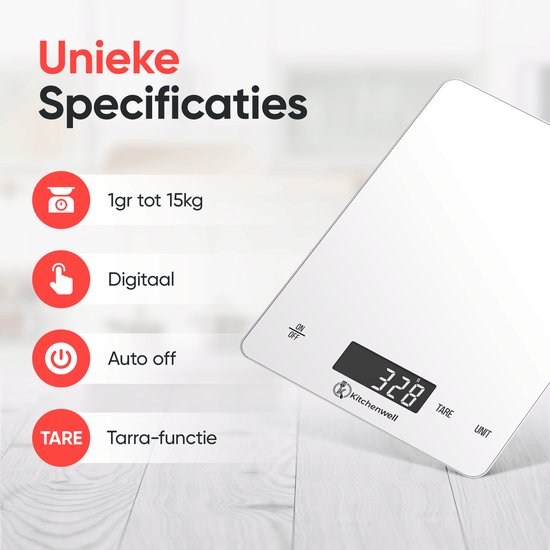 Kitchenwell Digitale Präzisionsküchenwaage - Küchenwaage - 1gr - 15kg - Tara-Funktion - USB wiederaufladbar - Weiß