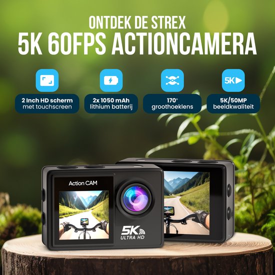 Strex Action Cam - 5K - 50MP - 60FPS - 30M Wasserdicht - WiFi - Touchscreen - Schwarz