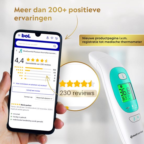 MostEssential Premium Fieberthermometer - Ohrthermometer - Infrarotthermometer - Stirnthermometer - Körperthermometer - Fieberthermometer für Erwachsene, Kinder und Babys - berührungslos - 20M