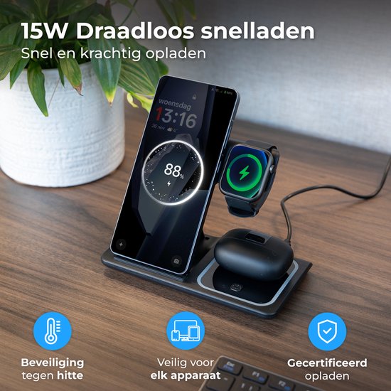 Nuvance Wireless Charger - 3 in 1 - 15W - Ladestation - Schnellladegerät - Wireless Charger - für Smartphone, Smartwatch & Kopfhörer