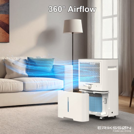 Erikssøn Luftentfeuchter Dry Pro Plus - Entfeuchtet bis zu 20 Liter pro Tag - Waschtrockenfunktion - Geeignet für Haus, Schlafzimmer, Badezimmer, Wohnzimmer und Keller - Luftentfeuchter - Weiß