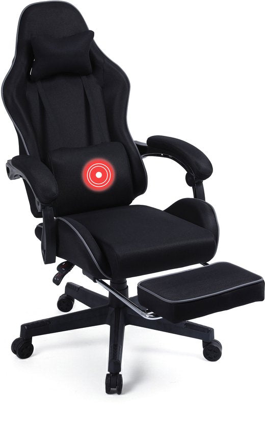 VDD Gaming - Spielesessel mit Massagefunktion und Fußstütze - Spielesessel in der Farbe Schwarz - Spielesessel mit Nackenkissen & verstellbarem Rückenkissen - Ergonomischer Bürostuhl mit gepolsterten Armlehnen - Belastbarkeit bis 150 kg - Verstellbare Rüc