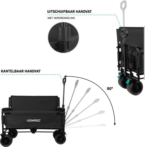 VONROC Wagon - Mit Sitzfunktion - Zusammenklappbar - 120 kg Tragkraft - 115l Fassungsvermögen - Solide, auslaufsichere Räder - Stabiler Stahlrahmen - Polyester 600D - Schwarz