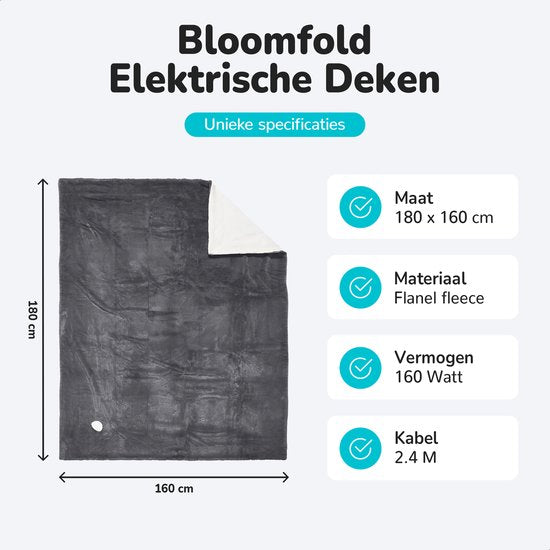 Bloomfold Heizdecke - 180 x 160 cm - Waschbar - 2 Personen - 9 Stufen - Mit Timer - Flanell- Grau
