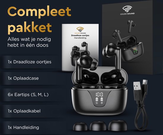 Golden Sound Earphones kabellos - Kabellose Ohrhörer - Bluetooth-Ohrhörer - Aktive Geräuschunterdrückung - Sport-Ohrhörer - LED-Display - Touch-Funktion - Geeignet für jedes Smartphone & Laptop