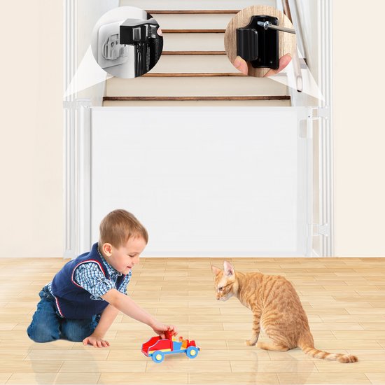 Aufrollbares Treppentor mit Stickerfunktion - Sicherheitstor - Verstellbar - Hundetor - Treppentor ohne Bohren - Kindertor - Für Tiere und Kinder - 10 bis 150 cm breit - Weiß - Sweet Sprout