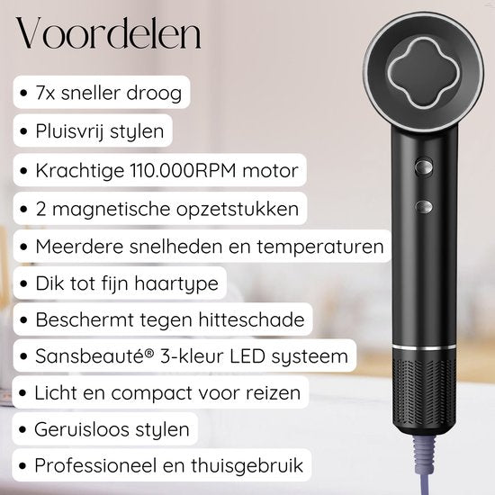 Sansbeauté® Haartrockner mit Diffusor - Locken - 110.000 U/min - Ionen-Haartrockner mit Bürste - 3 Stufen - 3 Aufsätze - Reisehaartrockner - Coolshot - Haartrockner mit Diffusor - Haartrockner - 2000W - EssentiaPRO®