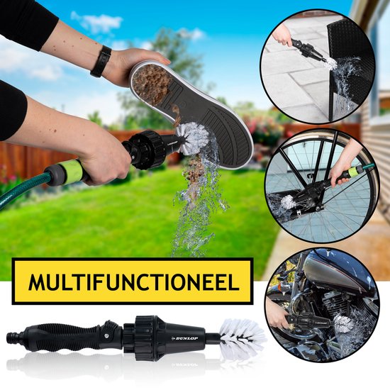 Dunlop Reinigungsbürste - Felgenbürste - Mit Schlauchanschluss 3/4" - Rotierend - Durchflussregler - 2 Bürsten