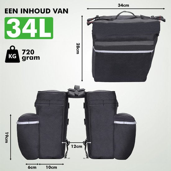 Travelhawk Fahrradtasche - Fahrradtasche Double - Wasserdichtes Material - 34L - Schwarz - 600D Polyester - Elektrofahrradtaschen