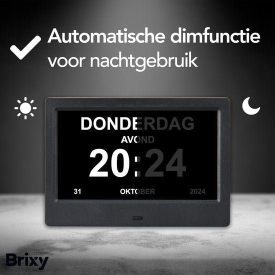 Brixy Demenz-Uhr - 24 Alarmfunktionen - Inkl. Fernbedienung - Automatische Dimmfunktion - Kalenderuhr - Schwarz