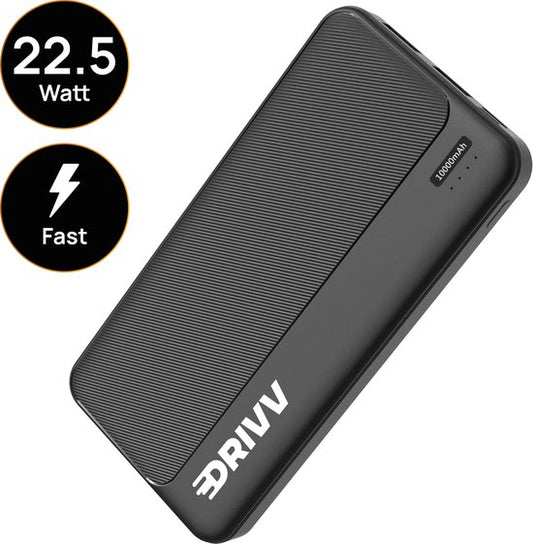 Drivv. Powerbank 10.000 mAh - 22,5W Schnellladegerät - Schnellladung USB 3.0 - USB C - Geeignet für Samsung / iPhone / mehr - Schwarz