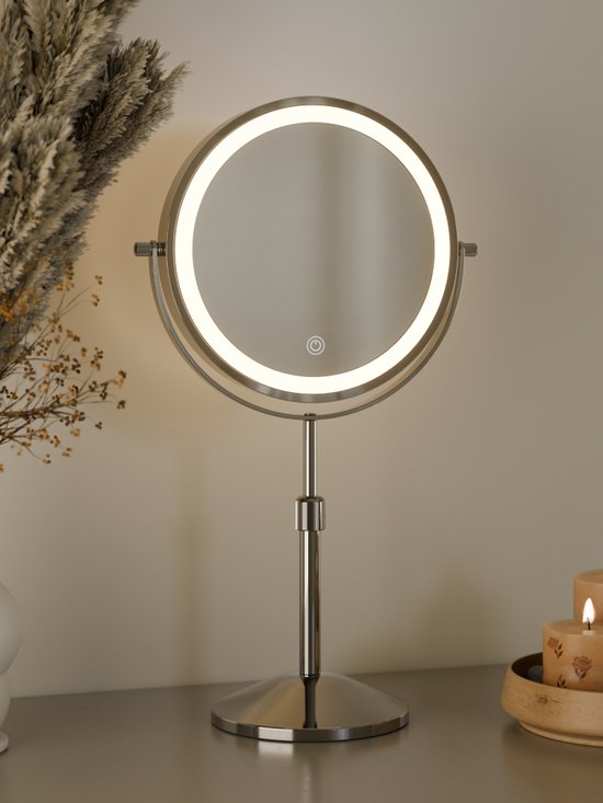 Nolt Make-up-Spiegel mit LED-Beleuchtung - 1X/10X Vergrößerungsspiegel - Rasierspiegel - Eitelkeitsleuchte - 3 Lichtmodi - wiederaufladbar - Silber