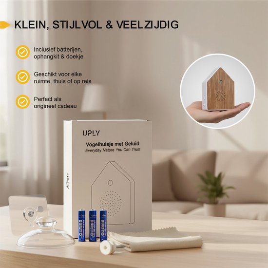 UPLY Birdhouse With Sound - Vogelhaus mit Sensor - 5 Naturgeräusche für Toilette/WC - Bewegungsmelder - Zwitscherbox - Geschenk - Inkl. Befestigung - Weiß - Eiche