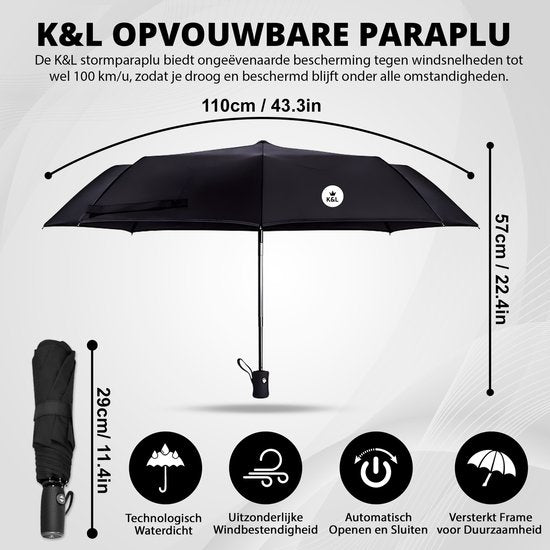 K&L Storm Regenschirm faltbar - sturmsicher bis zu 100km/h - Automatik-Faltschirm - inkl. Schutzhülle - Schwarz