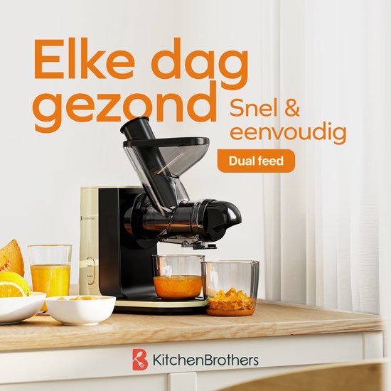 KitchenBrothers Slowjuicer - Entsafter - Gemüse- und Obstpresse - 43 mm und 60 mm Einfüllöffnung - 400 ml - Champagner