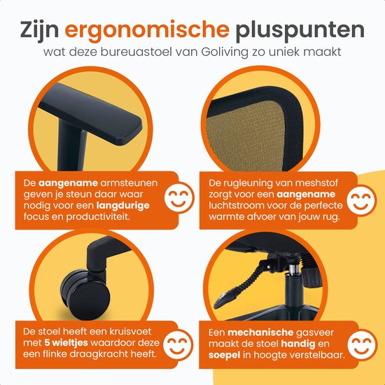 Goliving Ergonomischer Bürostuhl - Bürostuhl - verstellbar - auf Rollen - für Erwachsene - NEN-1335 - Schwarz