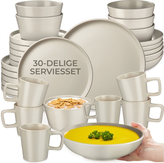 tectake® Geschirrset Una - 30-teilig - Steingut - 6 Personen - Stilvolles und langlebiges Geschirr - Geschirrset mit großen und kleinen Tellern, Schalen, Schüsseln - Tassen - Taupe