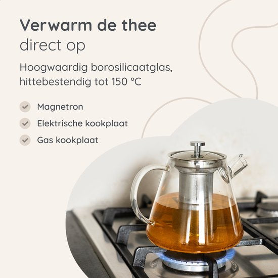 Deleca Glas-Teekannen-Set Klarheit - Mit Edelstahlfilter und Teelichtwärmer - Für losen Tee / Teeblumen - Weihnachtsgeschenk - Borosilikatglas / 1,5L