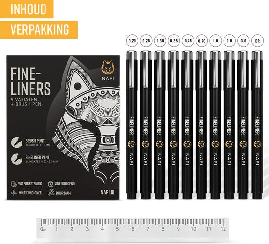NAPI 10 Fineliner schwarz inkl. Pinselstift & Lineal - 0,2 bis 3mm - Stifte schwarz - Bullet Journal Zubehör - Zeichenstift-Set