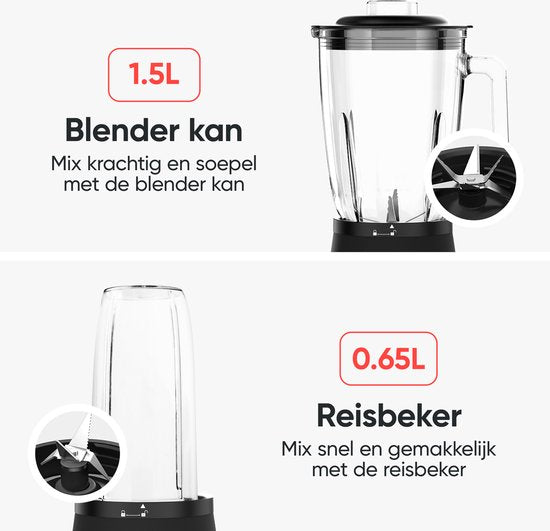 Kitchenwell Mixer - Leistungsstarker 1300 Watt Smoothie Mixer - 1,5 Liter - Glaskrug - 3 Ständer - Inklusive Sportbecher - Edelstahl/Schwarz