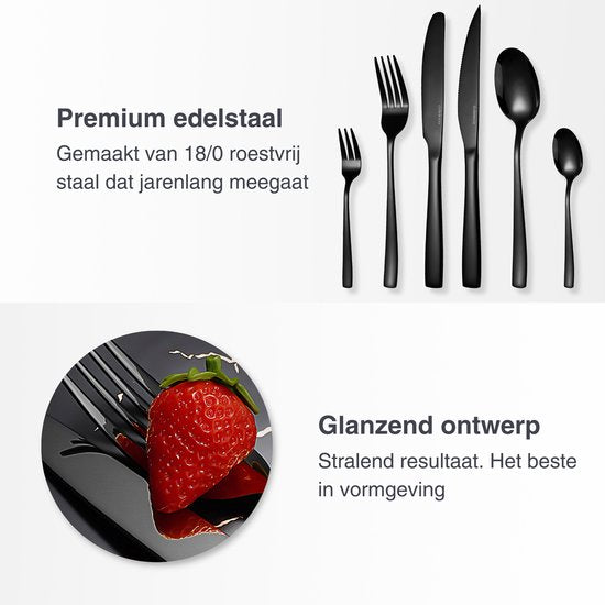 Deleca 8 Personen Besteck-Set Essential (48 Teile) - Löffel, Messer, Gabeln, Steakmesser & Kuchengabeln - Spülmaschinenfestes Besteck - Glänzend Schwarz / Edelstahl