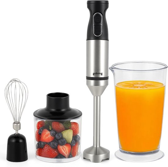 Goliving Stabmixer-Set 5-in-1 - Zerkleinerer - Messbecher - Schneebesen - 1000W - spülmaschinenfestes Zubehör - Edelstahl - Schwarz