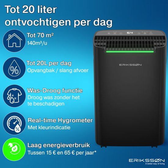 Erikssøn Dry Pro Plus Luftentfeuchter 20L - Waschtrocken, Timer & Hygrometer - Haus, Schlafzimmer, Badezimmer - Schwarz