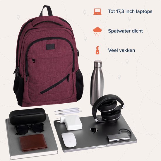 TRVLMORE Rucksack mit Lifetime - Rucksack mit 17 Zoll Laptopfach - Schultasche - spritzwassergeschützt - Männer und Frauen - Jungen und Mädchen - 36L - Burgunderrot