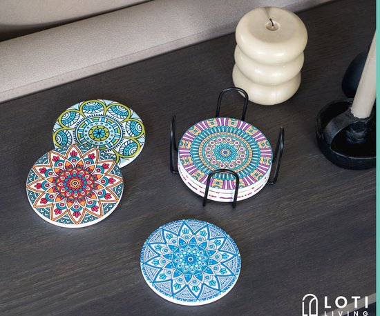 Loti Living Untersetzer mit Halter - Untersetzer Design - Untersetzer Kork - Untersetzer Set - Untersetzer für Gläser - 6 Stück - Mandala Design