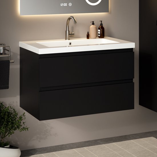 Mirlux Badmöbel Matte Schwarz 80 cm - Waschbecken Weiß - Badmöbel - Waschbecken Matte Schwarz