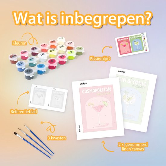Rubye® Malen nach Zahlen Erwachsene - Gin Tonic - Cocktails - Inklusive Farbe und Pinsel - Leinwand Maltuch - Farbe nach Zahlen - Doppelset - 15x20cm
