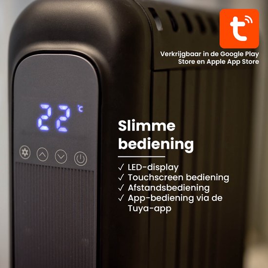 QLT Elektroheizung mit App-Steuerung, Thermostat und Timer - Konvektorheizung - Ölfreier Heizkörper mit Rädern und Wandoption - Bis zu 20m² - Schwarz