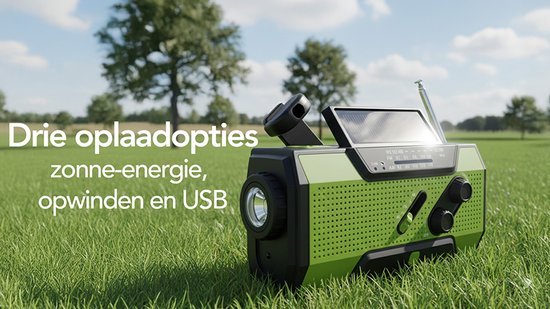 Brixy Emergency Radio - Radio mit Batterie für Notfälle - 5000 MAH - aufwickelbar - Solar - Taschenlampe - Powerbank - Grün