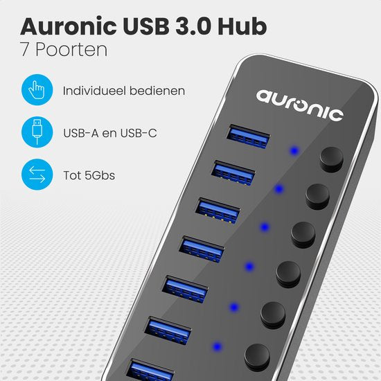 Auronic USB Hub 3.0 - USB Splitter mit 7 Ports - mit Netzteil - 5 GBPs - Led-Anzeige - Schwarz