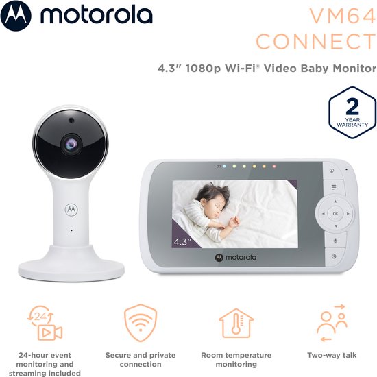 Motorola VM64 Babyphone mit Kamera und App - 4,3" WiFi Video-Babyphone mit Smartphone-App - 2-Wege-Audio, Nachtsicht, Temperatur, Schlaflieder, Digitalzoom