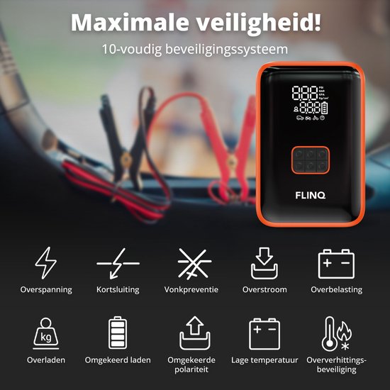 FlinQ 12V Starthilfe für Auto & Motorrad - 4-in-1 Luftkompressor, LED-Taschenlampe, SOS-Notleuchte & Powerbank - Elektrische Reifenpumpe - Starthilfe - inkl. Aufbewahrungstasche