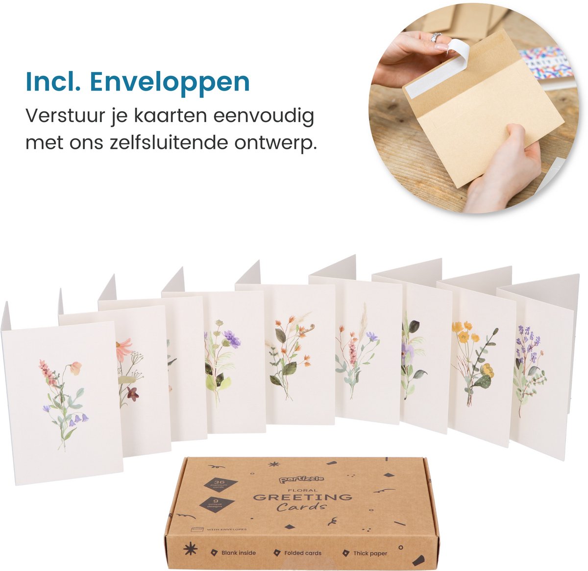 Partizzle - Trockene Blumen Grußkarten Set von 36 - 15 x 10 cm & Aquarell Design - Mit Kraft Umschläge und Blanko Innenseite - Für Hochzeit und Glückwunsch - Mehrfarbiges FSC Papier