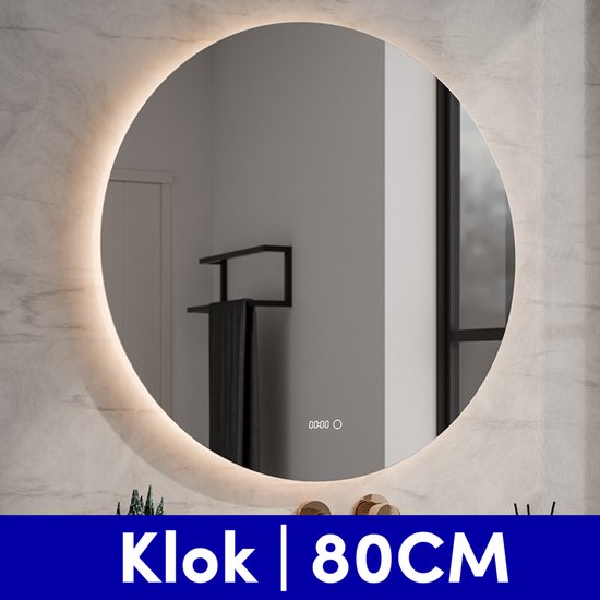 Nolt Badezimmerspiegel mit Beleuchtung - Runder Badezimmerspiegel - Heizung - Uhr - LED - 80 cm