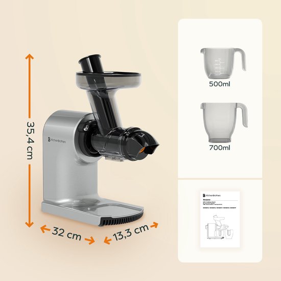 KitchenBrothers Slowjuicer - Kompakt - Saftpresse - Gemüse- und Obstpresse - 45 mm - 500 ml - Grau
