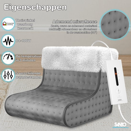 Sanbo Elektrischer Fußwärmer mit Timer - 5 Heizstufen - Waschbarer Inneneinsatz - Elektrisch - Fußwärmer - Anthrazit