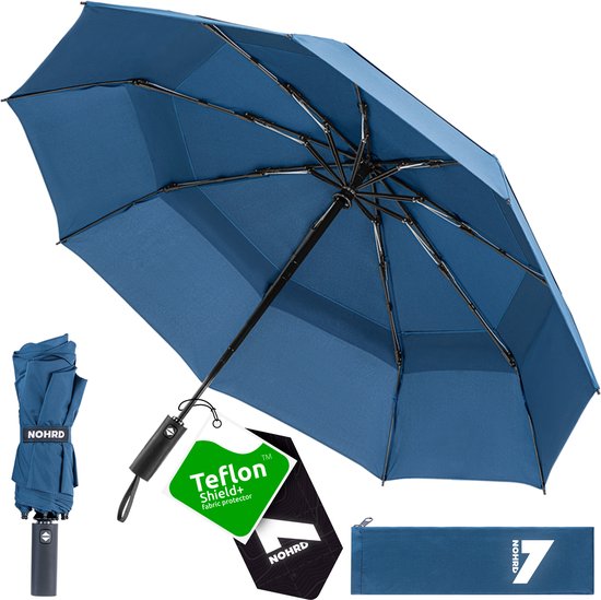 Nohrd Sturmschirm - Blau - Regenschirm faltbar - Winddurchlässig - 140 km/h - Sturmschirme - Automatisches Auf- und Zusammenfalten - Regenschirme - Inkl.