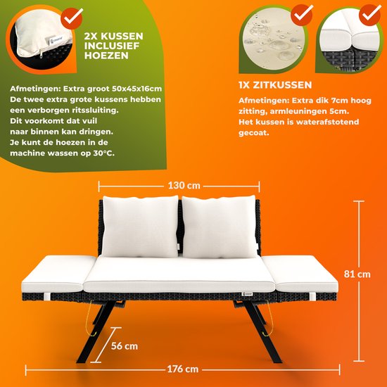 Casaria Polyrattan Gartenbank - 176 cm Verstellbar Inkl. Kissen - Schwarz