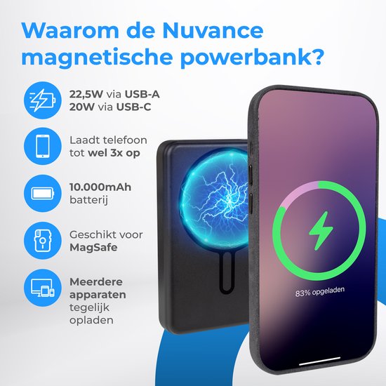 Nuvance Powerbank 10000 mAh - Geeignet für MagSafe - 15W Schnellladegerät - Wireless Powerbank - Usb-A 22.5W & Usb-C 20W - Schwarz