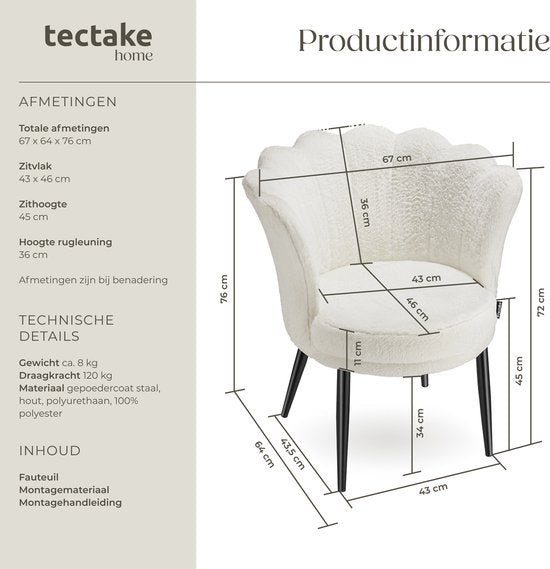 tectake® Sessel Stella - Sessel mit Armlehne - Bequemer Esszimmerstuhl - Küchenstuhl - Dick gepolstert - Für Wohnzimmer und Esszimmer - Mit Kunstfellbezug - creme/schwarz