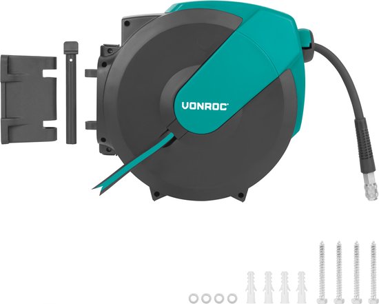 VONROC PRO Automatik-Luftschlauchaufroller - Luftaufroller - Inkl. 15 Meter Luftschlauch, 1 Meter Versorgungsschlauch und Wandbefestigungskit - 17 bar/250 PSI - Universal EURO/DIN 7,2mm Kupplung